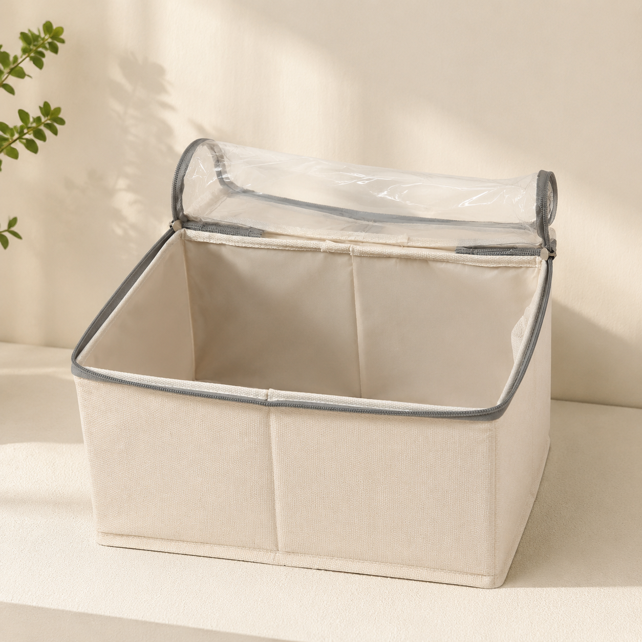 Clear-Top Linen Fabric Storage Box, Foldable Clothes Organizer Bin