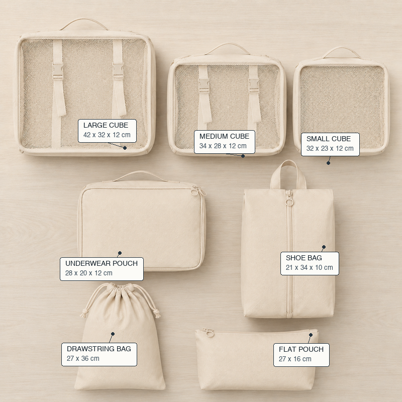 Beige 7-piece travel packing cube set arranged beside a suitcase