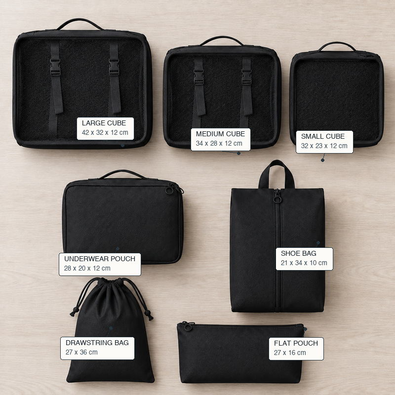 Black 7-piece travel packing cube set packed beside a suitcase