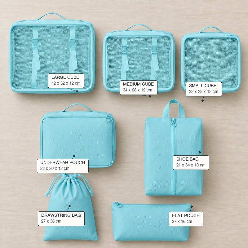 Bright Blue 7-piece travel packing cube set for suitcase organization