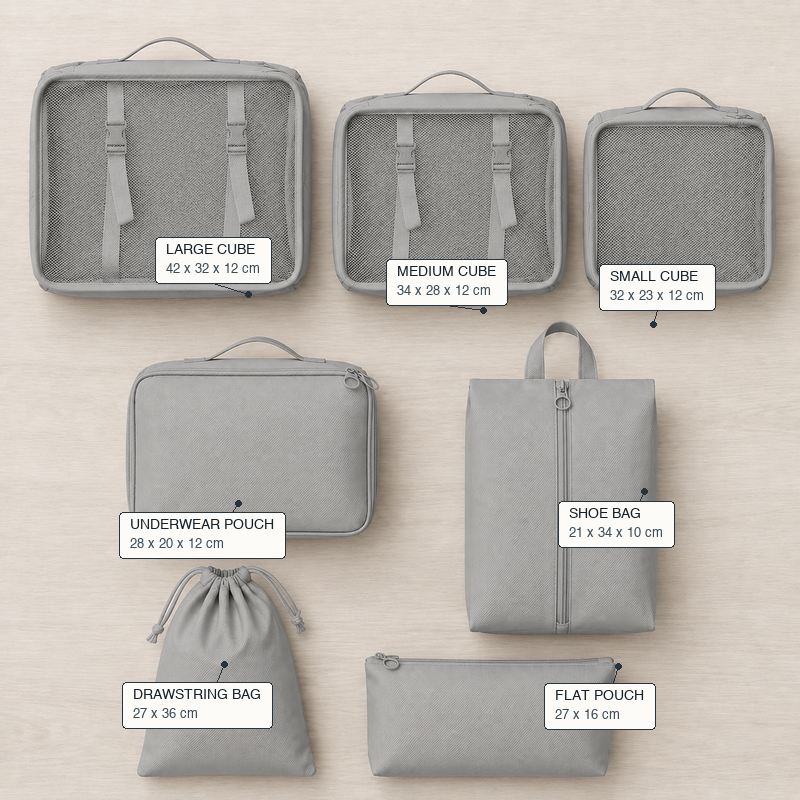 Gray 7-piece travel packing cube set with mesh zipper organizers