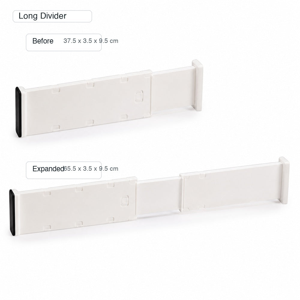 Long adjustable drawer divider board with before and expanded dimensions