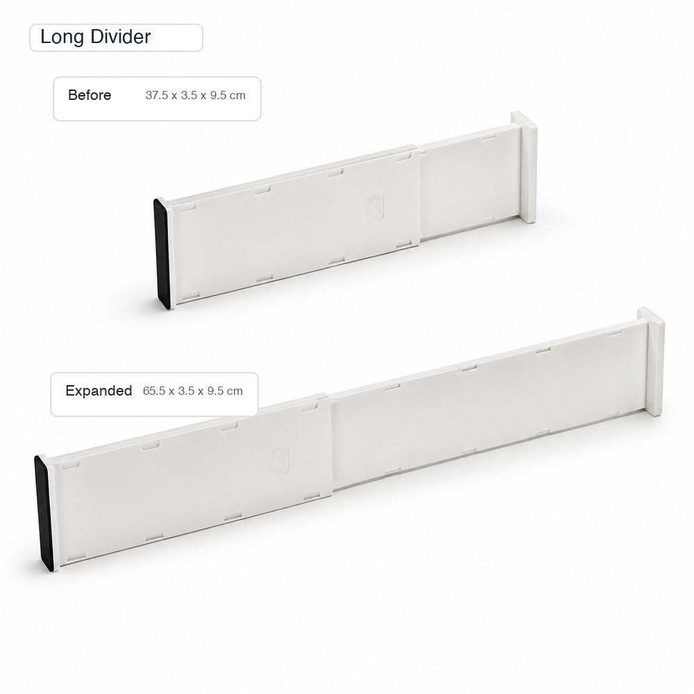 Long adjustable drawer divider board with before and expanded dimensions