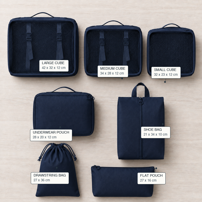 Navy 7-piece travel packing cube set for suitcase organization