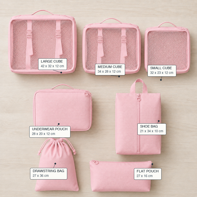 Pink 7-piece travel packing cube set for suitcase organization