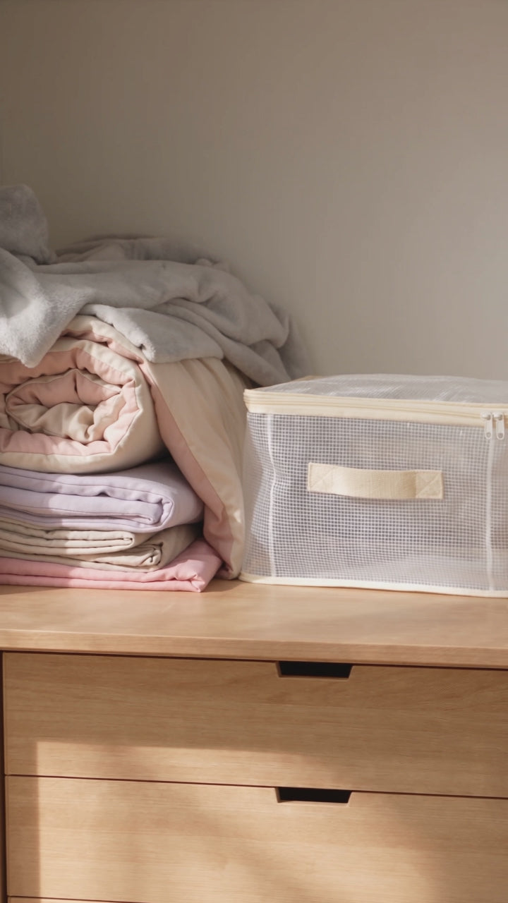 Clear foldable bedding storage bags shown organizing blankets, sheets, and seasonal clothes