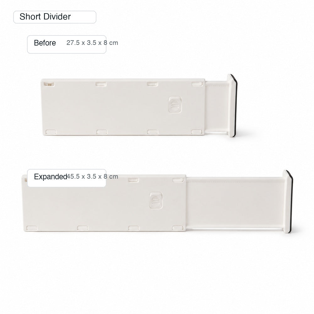 Short adjustable drawer divider board with before and expanded dimensions