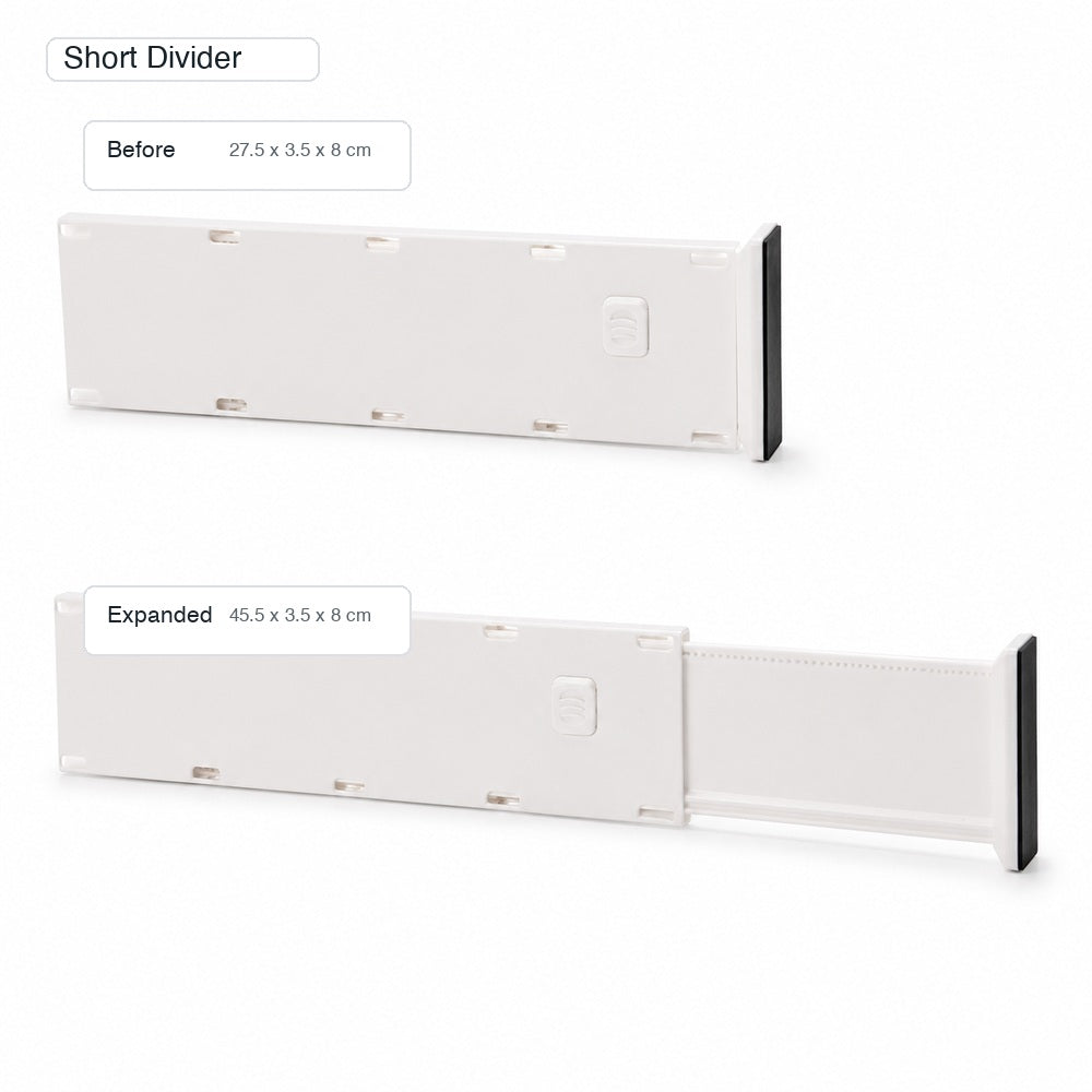 Short adjustable drawer divider board with before and expanded dimensions